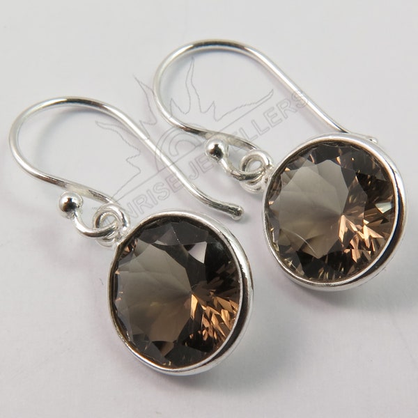 Boucles d'oreilles quartz fumé, boucles d'oreilles pendantes avec pierres précieuses brunes, boucles d'oreilles rondes à facettes en argent sterling 925, boucle d'oreille en fil métallique, cadeau pour elle