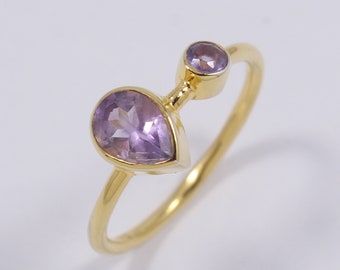 Amethyst Gemstone Ring, February Birthstone, 925 Sterling Silver Gold Ring, Minimalist Ring For Women, Double Stone Ring,Christmas Gift Ring