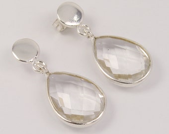 925 Sterling Silver Gemstone Earrings, White Crystal Quartz Earring, Handmade Dangle Earrings, Party Wear Earring For Women, Gift For Her