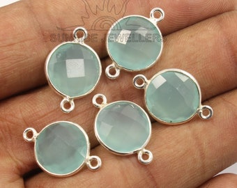 Aqua Chalcedony Connector, 12 mm Round Checker Connector, 925 Silver Bezel Connector, Double Bail Charms Jewelry Earrings For Women