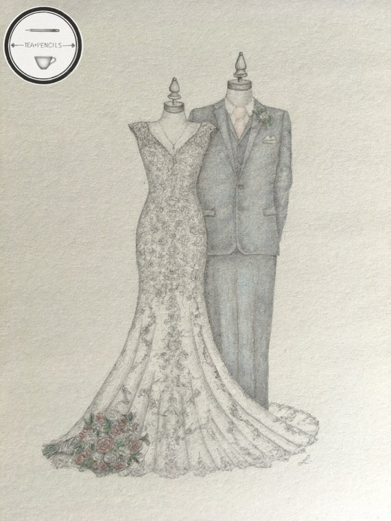 Custom Hand Drawn Wedding Dress And Suit Personalised A4 Etsy