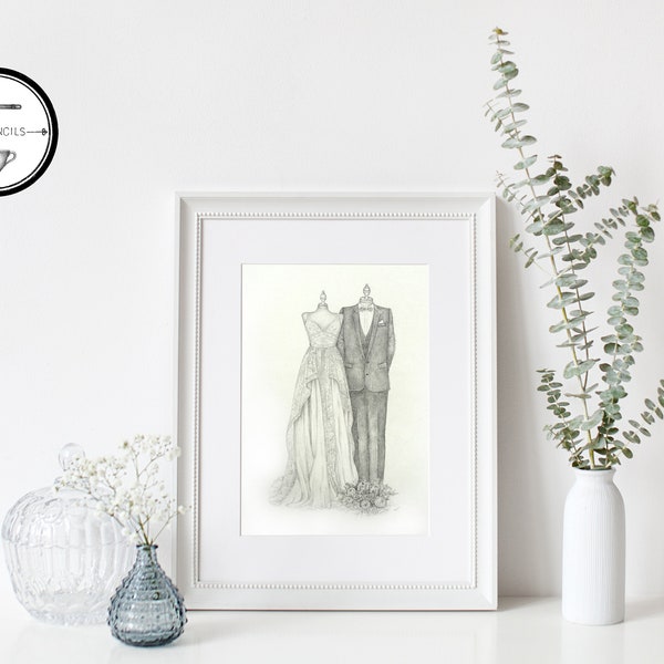 Custom Hand Drawn Wedding Dress and Suit. Personalised A4 sketch from your wedding photographs of the bride and groom