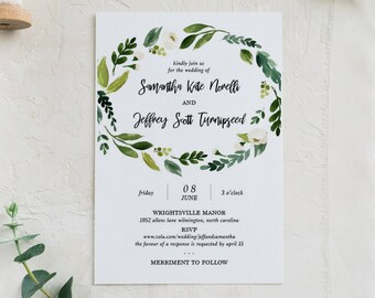 Greenery Simple Wedding Invitation // Simple, modern, watercolor