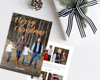 Printable Holiday Photo Card 5x7 // Merry Christmas Gold Glitter