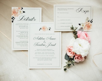 Modern Glam Wedding Invitation Suite // Blush, black and gold floral