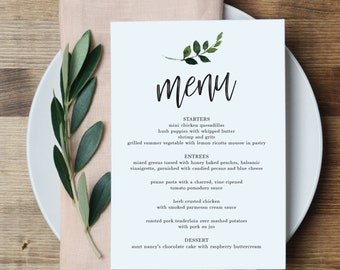 Greenery Simple Menu // Modern, Wedding, Watercolor