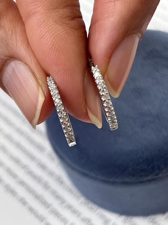 Vintage 18K White Gold Diamond Huggies. View 4