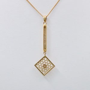 Edwardian Diamond & Pearl Lavaliere Pendant, Antique 10k Yellow Gold Necklace