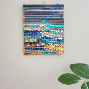 Arte original con lentejuelas e hilo, arte brillante en colores fríos y cálidos, arte sobre cartón, collage colorido, técnica mixta, regalo, ~4,5 x ~5,5 pulgadas