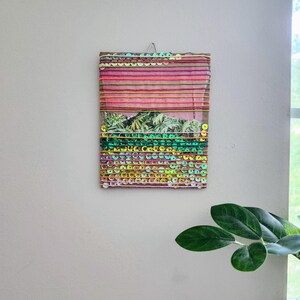Arte original con lentejuelas e hilo, arte brillante en colores fríos y cálidos, arte sobre cartón, collage colorido, técnica mixta, regalo, ~4,5 x ~5,5 pulgadas
