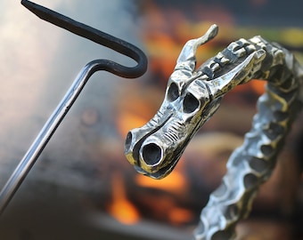 Hand Forged Fire Poker "Dragon" for grill, fireplace, BBQ, fire pit, right angle fire iron, rabble, rake - stainless steel - workshop Amulet