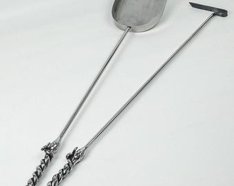Hand Forged Fireplace Tools Set, Grapevine Design Stainless Fire Poker & Ash Shovel, Custom FirePit Tools, Housewarming Blacksmith Made Gift