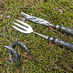 Blacksmithed Serving Set for Steak: knife, fork, napkin ring, forest cutlery, utensils 18/8 Stainless Steel Fully Handmade - Workshop Amulet