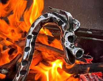 Hand Forged Fire Poker Dragon for fireplace, BBQ, fire pit right angle iron, stainless rabble hearth tool, housewarming gift
