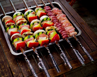 Gift Set of Forged Mangal Skewers with fork "Forest Spirit" - stainless tools for shashlik, shish kebab, BBQ