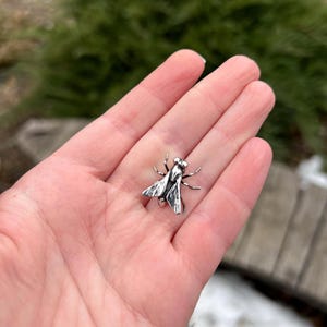 Könnte beinhalten: Eine silberne Fliegennadel mit detaillierten Flügeln und Beinen. Die Nadel ist eine realistische Darstellung einer Fliege.