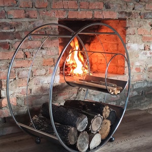 Large Circle - Stainless Steel Log Holder, industrial Firewood Storage, Forged Legs - Fireplace Accessory, Indoor Wood Holder, Firewood Rack