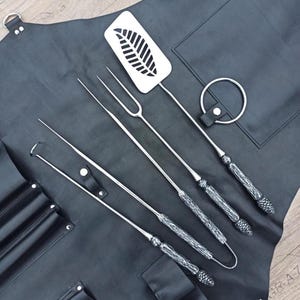 Forged grilling tools set &quot;Pine cone&quot; - 4 pcs Handmade Grill Accessories: fork, spatula, tongs, steak turner hook - stainless steel, BBQ