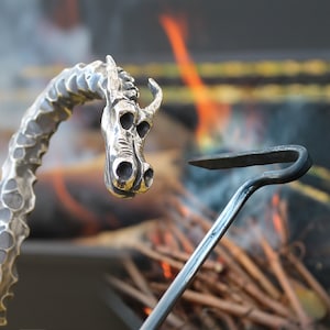 Hand Forged Fire Poker Dragon for fireplace, BBQ, fire pit right angle fire iron, stainless rabble hearth tool, housewarming, Halloween gift