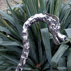May include: A silver-colored, handcrafted walking cane with a dragon head design. The cane's shaft has a textured, hammered appearance. The dragon head features detailed scales and an open mouth.