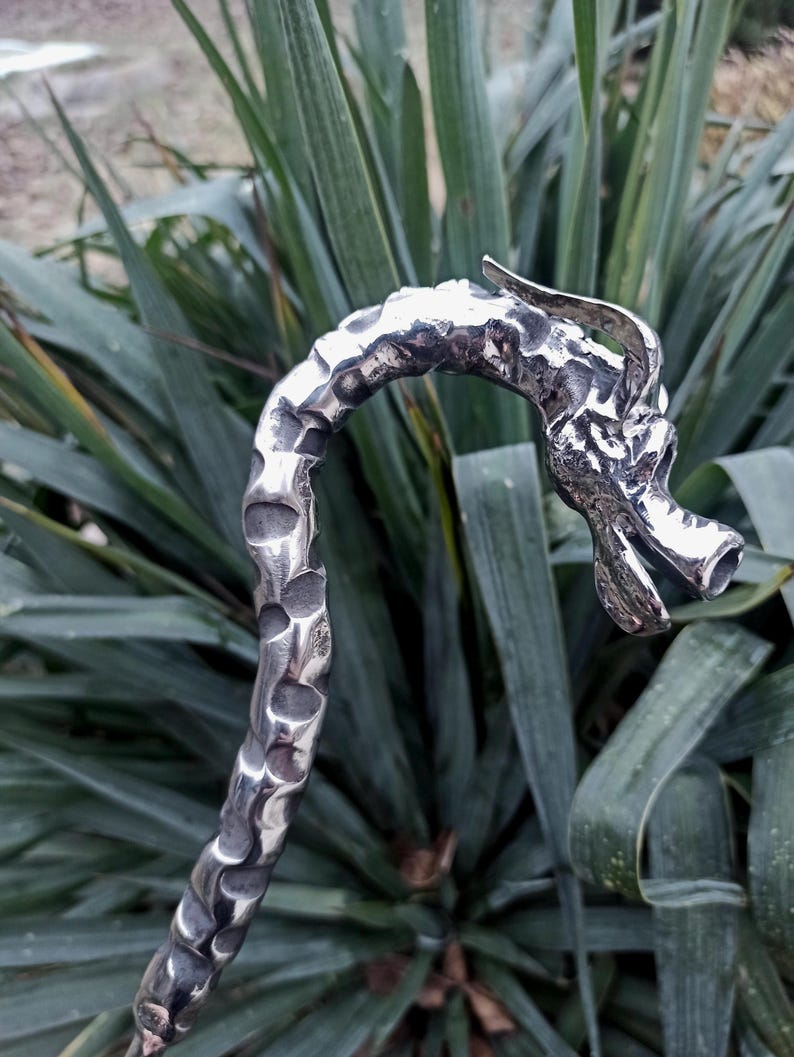 May include: A silver-colored, handcrafted walking cane with a dragon head design. The cane's shaft has a textured, hammered appearance. The dragon head features detailed scales and an open mouth.