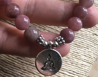 Mauve Tibet Mala 8mm Lotus Lepidolite Purple Healing Jade Bead Charm Bracelet Unisex Adjustable OR 108 Bead Mala