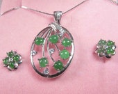 Imperial Icy Jadeite Jade 17 JEWELS Type A Certified Set of Ring, Earrings Pendant in Silver CZ Accent 346
