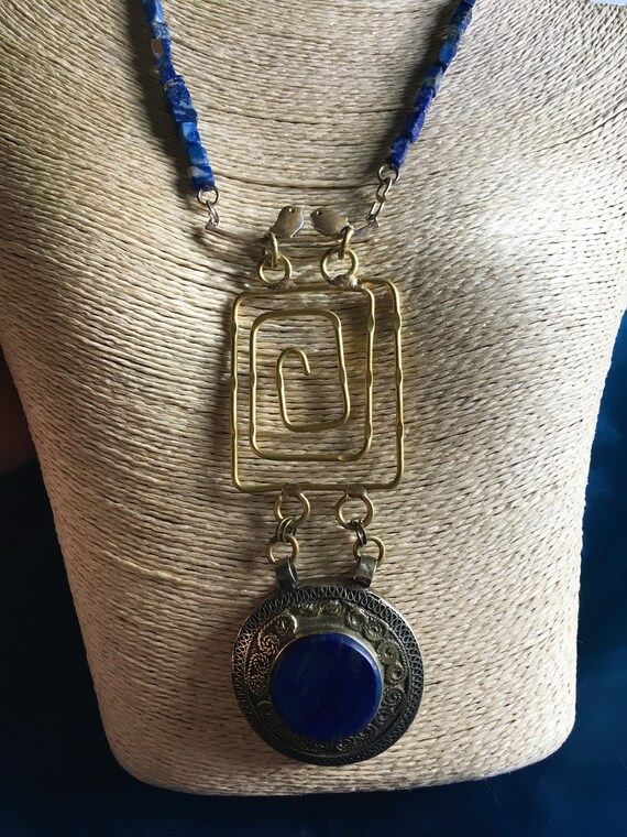 Lapis Lazuli Kuchi Afghan 5" Pendant 18kt Gold Lea