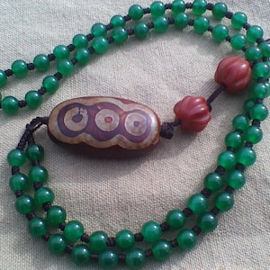 Dzi 6-Eye Tibet, Green 6mm Jade Beads, Carnelian Agate Necklace, Prayer Beads