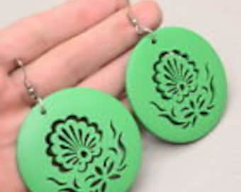 Large Laser Cut Beautiful Lite Coconut Wood Earrings Green Flower OR Purple Butterfly!