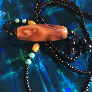 Dzi Banded Agate Ancient Nepalese 8mm Carnelian Beads on 24&quot; Necklace Mala, Prayer Beads
