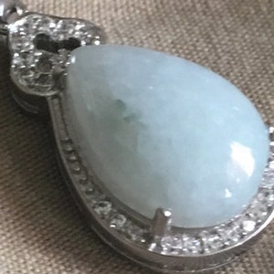 Fei Cui Jadeite Jade Purity White Green Teardrop Set in Sterling Silver Type A Certified Pendant Necklace 18&quot; #629 15.39ct