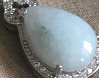 Fei Cui Jadeite Jade Purity White Green Teardrop Set in Sterling Silver Type A Certified Pendant Necklace 18&quot; #629 15.39ct