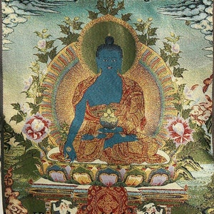 Thangka Tibet Buddhism fane Silk Cloth Menla Medicine Buddha Thangka Tangka Wall Hanging, Scroll 24&quot; x 36&quot;
