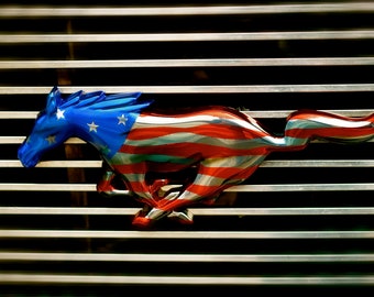 Mustang grill emblem photo, Mustang wall art, Ford Mustang grill emblem photo, Mustang pony photo, Mustang home decor photo, Mustang w flag