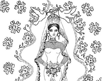 Printable digital download of a Spanish bride in her wedding gown with flowers to color & paint 8.5x11 inches
