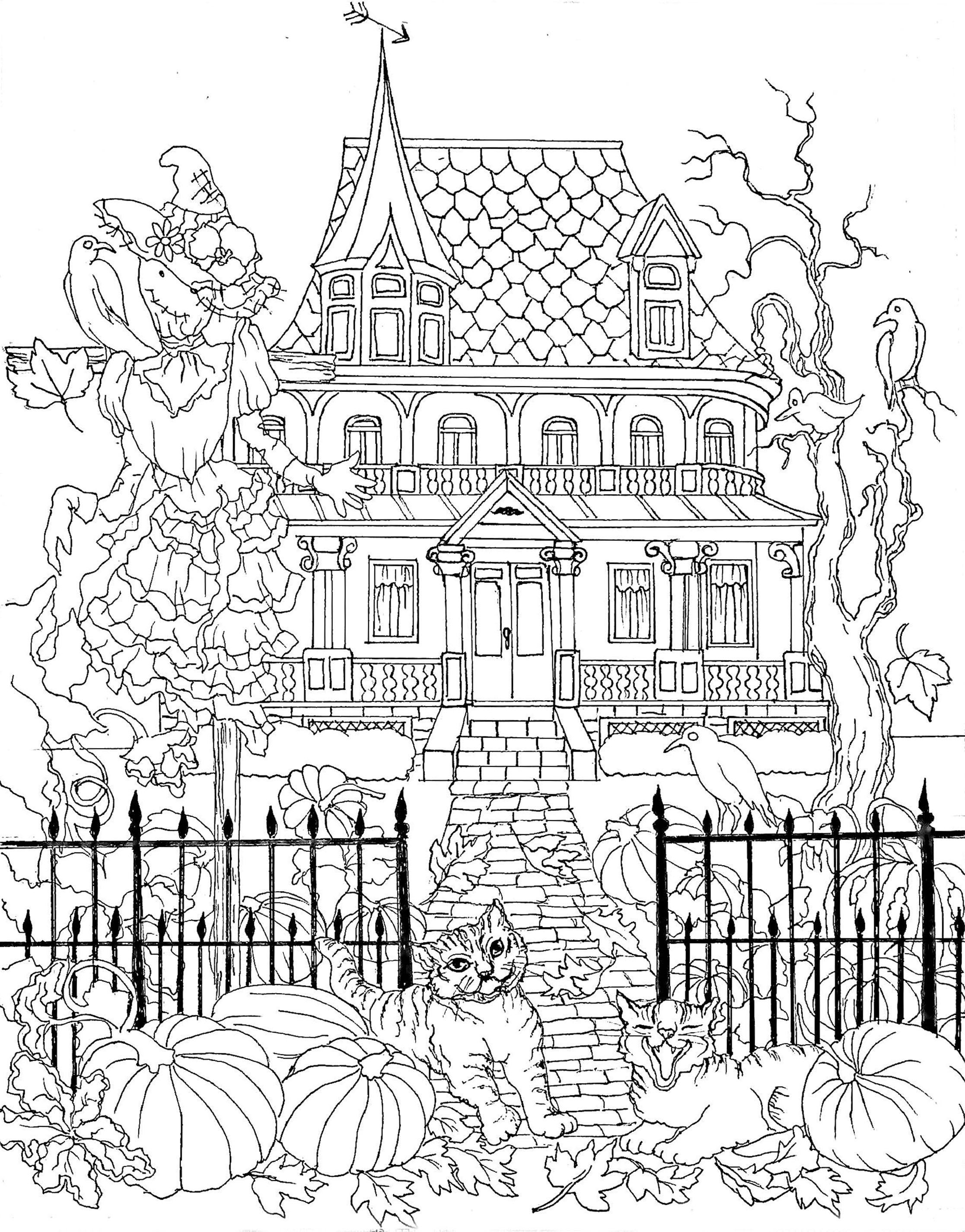 Halloween Victorian Mansion With Pumpkins Cats Scary Scarecrow Etsy UK