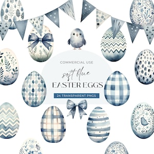 Clipart de huevos de Pascua azules, descarga digital, huevos de Pascua pastel, lindo huevo pintado en acuarela, baby shower de primavera para niño, PNG para uso comercial gratuito