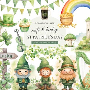 Clipart mignon St Patricks Day, téléchargement numérique, lutin aquarelle, trèfle à 4 feuilles trèfle, pot arc-en-ciel d'or, usage Commercial irlandais PNG