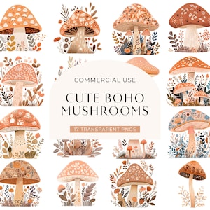 Clipart champignon bohème, téléchargement numérique, clipart aquarelle cottagecore, mignon cottage core floral champignon vénéneux, sublimation usage commercial PNG