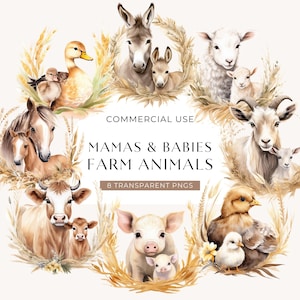 Clipart animaux et maman de la ferme, fête des mères, graphique aquarelle maman et bébé, jolie maman de la ferme image PNG, téléchargement numérique