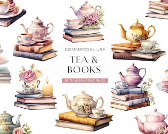 Tea And Books Clipart, DIGITAL DOWNLOAD, Watercolor Reading Clip Art, Book Club Lover, Vintage Tea Cup Set, Junk Journal Commercial Use PNG