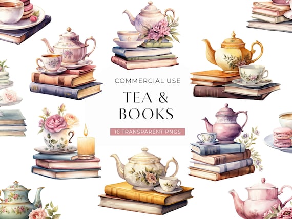 Tea And Books Clipart, DIGITAL DOWNLOAD, Watercolor Reading Clip Art, Book Club Lover, Vintage Tea Cup Set, Junk Journal Commercial Use PNG