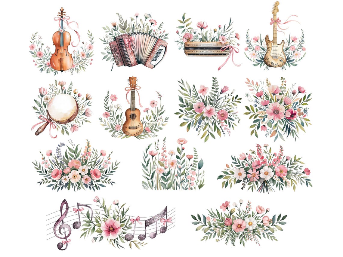 Floral Musical Instruments Clipart, Watercolor Vintage Orchestra Clip ...
