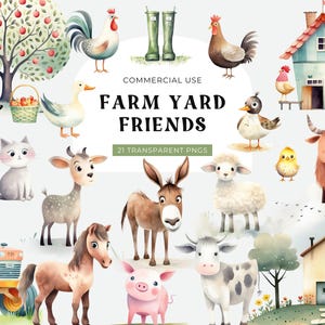 Animais fofos da fazenda clipart, DOWNLOAD DIGITAL, clipart de aniversário da fazenda, clipart de berçário, vaca ovelha porco, cena de fazenda aquarela uso comercial PNG