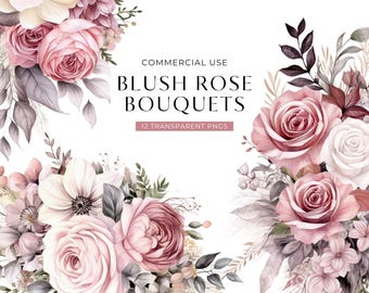 Blush Pink Rose Clipart, DIGITAL DOWNLOAD, Dusty Rose Watercolor Floral Arrangement, Dusty Pink Bridal Wedding Bouquet, Commercial Use PNG