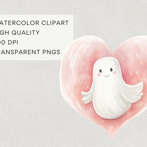 Valentine Ghosts Clipart, DIGITAL DOWNLOAD, Watercolor Ghosts, Cute Pastel Ghost, Little Boo Clipart, Valentine Card Free Commercial Use PNG image 3