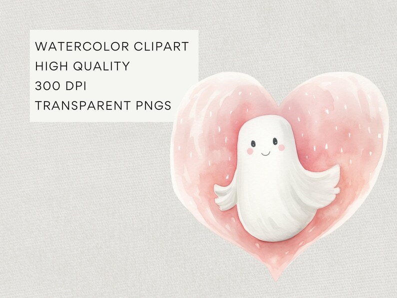 Valentine Ghosts Clipart, DIGITAL DOWNLOAD, Watercolor Ghosts, Cute Pastel Ghost, Little Boo Clipart, Valentine Card Free Commercial Use PNG image 3