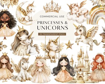 Puede incluir: Una colección digital de ilustraciones en acuarela con princesas, unicornios, castillos, coronas y arcoíris. El texto dice COMMERCIAL USE PRINCESSES & UNICORNS 35 TRANSPARENT PNGS. La paleta de colores incluye tonos suaves de oro, crema y marrón.