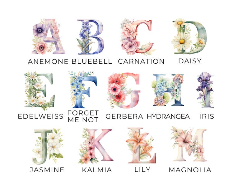 Clipart Floral Letters, DIGITAL DOWNLOAD, Flower Alphabet Clipart, Watercolor Monogram Font, Baby Nursery Wall Art, Free Commercial Use PNG image 2